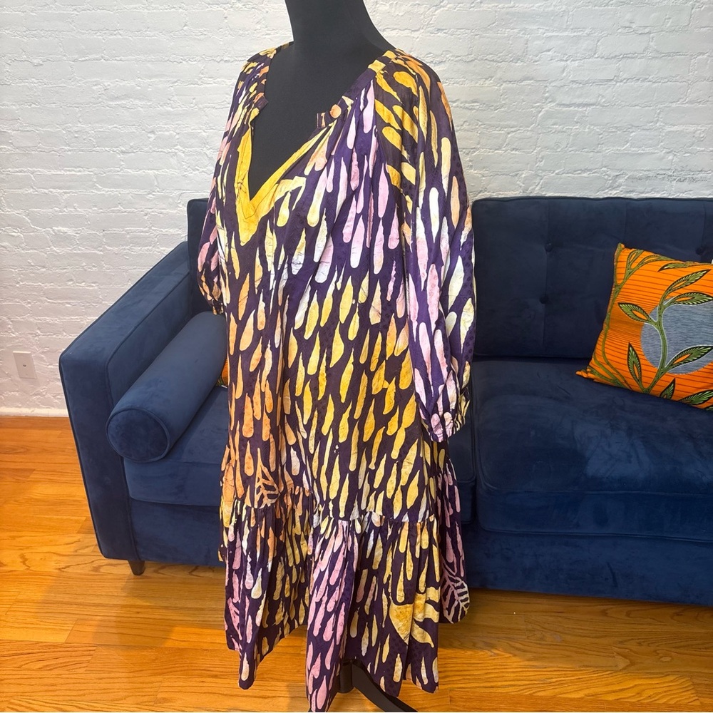 Suakoko Betty V-Neck Midi Dress in Purple and Yellow Batik Fabric - Picture 4 of 6